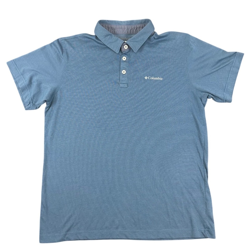 Columbia Polo Shirt Mens Large Blue Stripes Omni-Wick Short Sleeve Golf Hiking